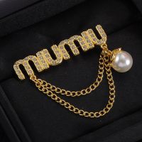 Miu Miu Brooch With Strass Letter Logo In Metal Gold
