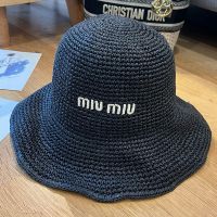 Miu Miu Bucket Hat With Embroidered Logo In Raffia Black