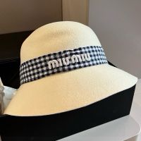 Miu Miu Bucket Hat With Embroidered Logo In Wool Beige