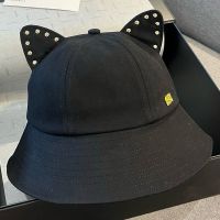 Miu Miu Cat Ear Rivet Bucket Hat With Metal Logo In Cotton Black
