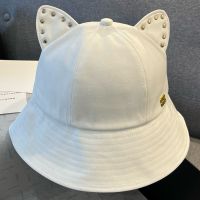 Miu Miu Cat Ear Rivet Bucket Hat With Metal Logo In Cotton White