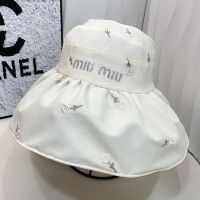 Miu Miu Empty Roof Bucket Hat With Strass Logo In Cotton Beige