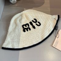 Miu Miu Knit Bucket Hat With Embroidered Logo In Cotton Beige