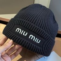 Miu Miu Knitted Hat With Embroidered Logo In Cotton Grey