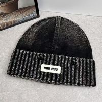 Miu Miu Knitted Hat With Rectangle Embroidered Logo In Cotton Black