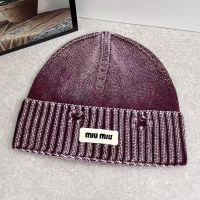 Miu Miu Knitted Hat With Rectangle Embroidered Logo In Cotton Burgundy
