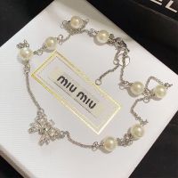 Miu Miu Necklace With Crystals Bowknot Pearls Chain In Metal Silver