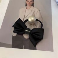 Miu Miu Scrunchie With Round Logo Bowknot In Satin Black