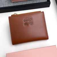 Miu Miu Small Zipper Bifold Wallet With Varnished Metal Lettering Logo In Lambskin Brown