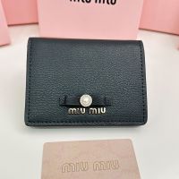 Miu Miu Small Bow Bifold Wallet With Pearls And Crystals In Madras Leather Black