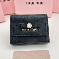 Miu Miu Small Bow Trifold Wallet With Pearls And Crystals In Madras Leather Black